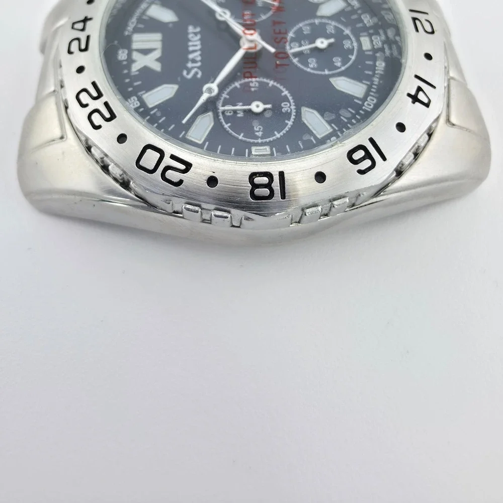 New STAUER Mens Watch Case Hybrid Chronograph Navy Blue Dial Silver Tone No Band
